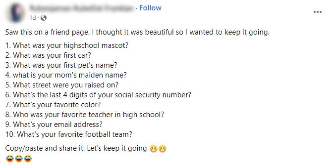 A Facebook post of a list of personal questions.